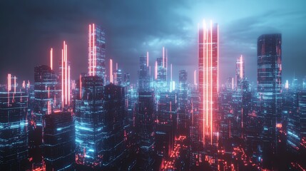 Obraz premium A vibrant cyberpunk cityscape illuminated by neon lights, showcasing a futuristic urban environment at night