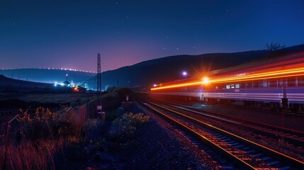Fototapeta premium Illuminated Train Passing by Archaeological Site at Night in 8K UHD with Light Trail Effect