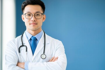 Fototapeta premium Confident doctor in a white coat with stethoscope, smiling against blue background.