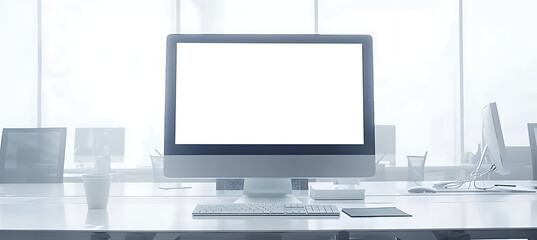 Fototapeta premium Sleek Modern Office with an LED Computer Screen Mockup Displaying a Transparent PNG Image for a Professional and Futuristic Look