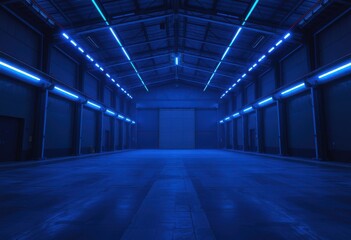 Obraz premium Blue-lit industrial warehouse interior with rows of closed garage doors