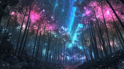 A vibrant forest illuminated by colorful lights under a star studded night sky, creating a magical scene