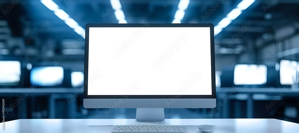 Poster contemporary office setting featuring a modern led computer screen mockup with a transparent png dis