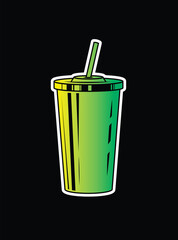 Fast food plastic cup with straw. Hot or cold drink. Original vector illustration in vintage style.
