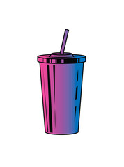 Fast food plastic cup with straw. Hot or cold drink. Original vector illustration in vintage style.