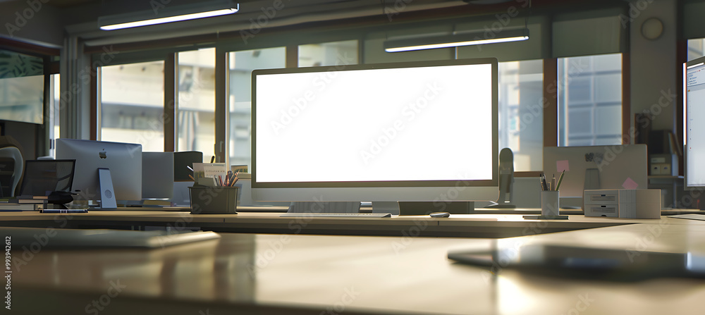 Poster contemporary office setting featuring a modern led computer screen mockup with a transparent png dis