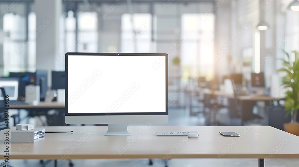 Poster contemporary office setting featuring a modern led computer screen mockup with a transparent png dis