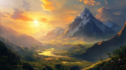 A captivating sunset casting golden hues over a vast mountain range, creating a dramatic and serene scene