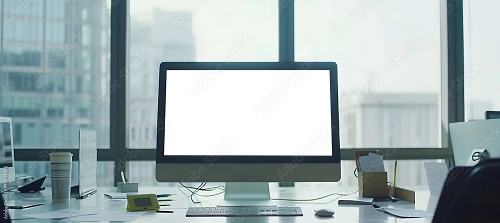 Poster contemporary office setting featuring a modern led computer screen mockup with a transparent png dis
