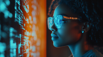 Futuristic AI Cybersecurity Threat Analysis by Female African American IT Specialist Using Holographic Data, Augmented Reality Concept Banner in Blue & Orange