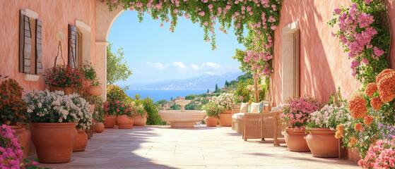 Serene Mediterranean Courtyard with Fountain and Flowers