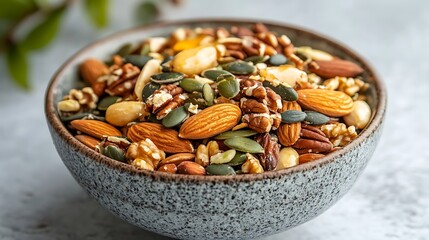 A bowl of mixed nuts and seeds artfully displayed with a hint of honey drizzled on top, representing healthy fats