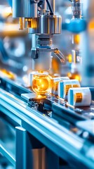 Automated Production Line with Bottles and Robot Arm.