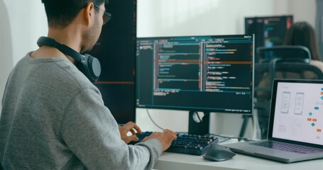 Group Adult Asia male, female freelance typing write prompt AI bot IT app smart program nomad, video game, terminal with coding language, user interface, designer, big data center on desktop computer.