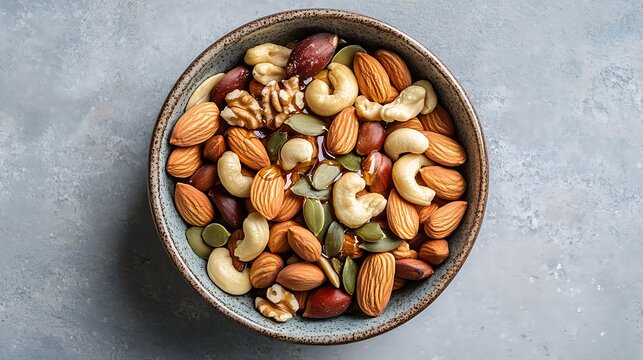 A bowl of mixed nuts and seeds artfully displayed with a hint of honey drizzled on top, representing healthy fats