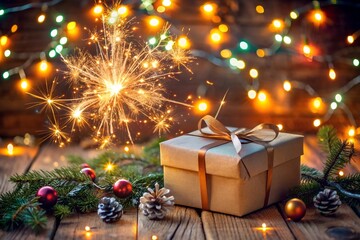 a box with a New Year and Christmas gift near the branches of a Christmas tree and lights of garlands