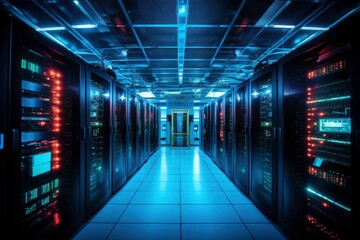 Fototapeta premium Server room filled with rows of servers and glowing blue lighting. Ideal for technology, network, data center, and IT related concepts. Generative AI