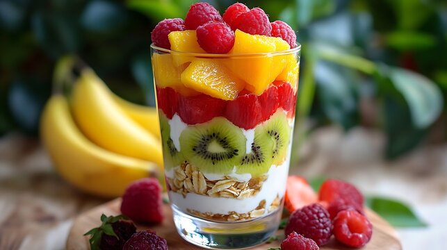 A colorful fruit and yogurt parfait layered in a glass, showcasing the combination of dairy and fruits