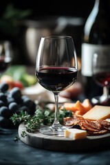 A Glass of Red Wine on a Charcuterie Board with Cheese and Salami.