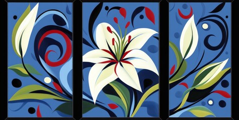  Set of 3 pieces of framed wall art featuring abstract lily flowers on a blue background