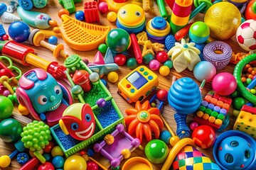 Fototapeta premium Colorful Assortment of Toys on a Bright Background for Creative Projects and Children's Themes