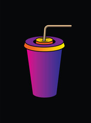 Fast food plastic cup with straw. Hot or cold drink. Original vector illustration in vintage style.