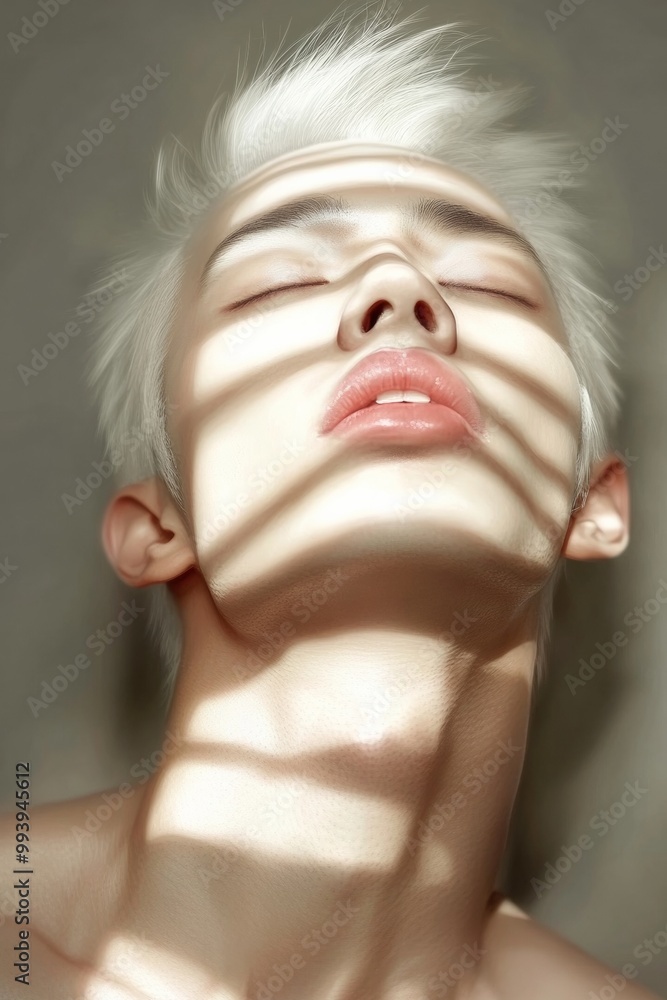 Poster minimalist portrait of light patterns casting shadows on face, creating tattoo effect