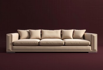 Beige Sofa with Four Pillows Against a Maroon Wall
