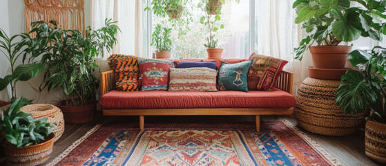 Vibrant Bohemian Living Room with Patterned Rugs