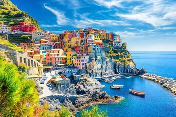 Fototapeta premium Coastal village with colorful cliffside houses, boats in harbor, bright sky, Mediterranean charm.