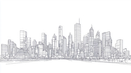 Minimalist line drawing of a city skyline with tall buildings isolated on solid white background