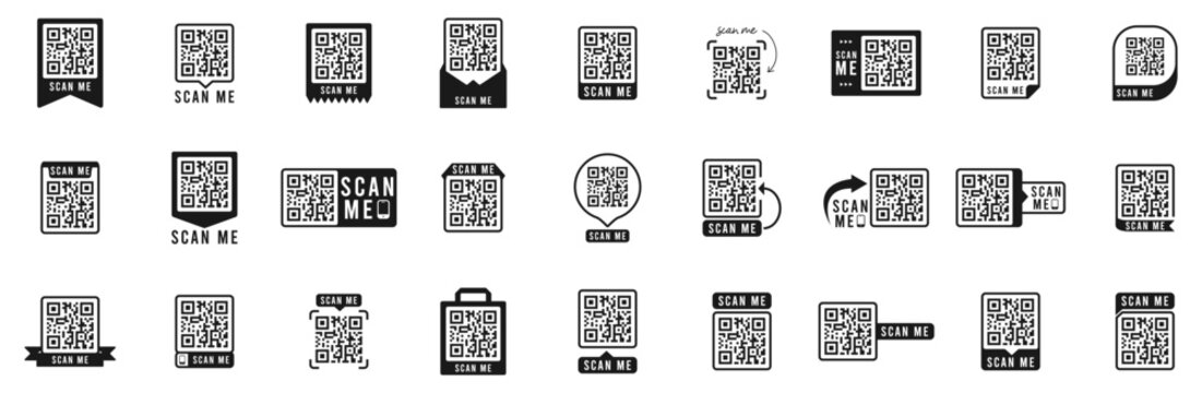 QR code set. Template of frames with text - scan me and QR code for smartphone, mobile app, payment and discounts. Quick Response codes. Vector.