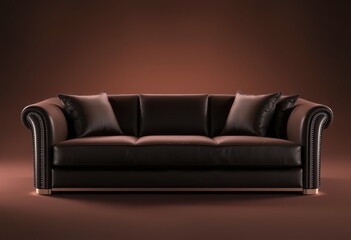 A Modern Brown Leather Sofa with Rolled Arms and Tufted Back