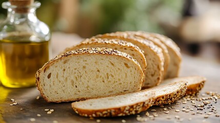 Freshly baked whole grain bread sliced and displayed with a side of olive oil, highlighting the grain food group - Powered by Adobe