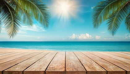 Wooden tabletop against the sea background for product presentation. Empty countertop on the beach with palm trees. Platform mockup with sunny sky.
