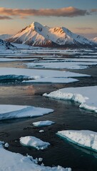 Winter landscape of Avacha Bay with snowy mountains and icy ocean in Kamchatka, Russia.