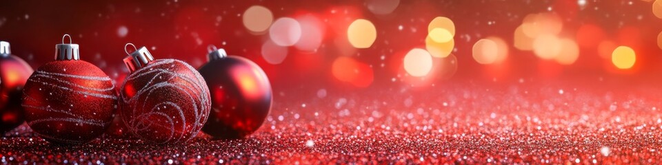 Fototapeta premium Red Christmas ornaments on glittering snow with holiday lights in magical winter scenery