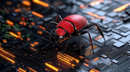 A striking red insect on a dark, circuit-like background, blending nature and technology in a visually captivating way.