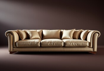 Obraz premium Beige Leather Sofa with Golden Accents and Pillows