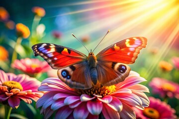 Colorful Butterfly on Flower Petal with Vibrant Natural Background in Bright Summer Sunlight