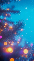 Abstract blurred glowing lights and christmas tree branches on blue