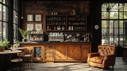 Cozy coffee shop interior with wooden decor and seating.