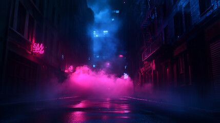   Cityscape at Night  A dark street, bathed in neon pink and blue lights, with night smog swirling around