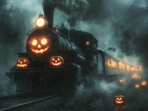 Spooky Halloween ghost train ride through an old American village glowing jack-o-lanterns lighting the way