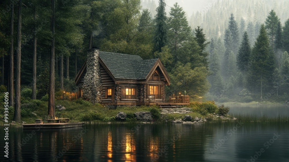 Poster Cabin by the Lake in the Forest