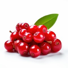 Fresh ripe cranberries with green leaf on a white background