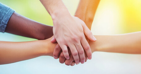 Diverse hands joining together in a gesture symbolizing unity, teamwork, and mutual support across different individuals.