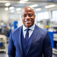 Fototapeta premium Smiling businessman in office setting wearing a blue suit and tie