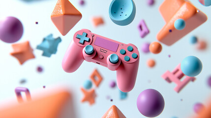 Funny, ultra soft Joystick gamepad on pastel background. Colorful poster and banner. Cartoon minimal air style. 3D illustration with geometry shapes
