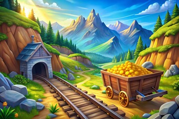 Colorful Cartoon Gold Mine with Treasure, Pickaxes, and Mine Cart Surrounded by Scenic Mountains